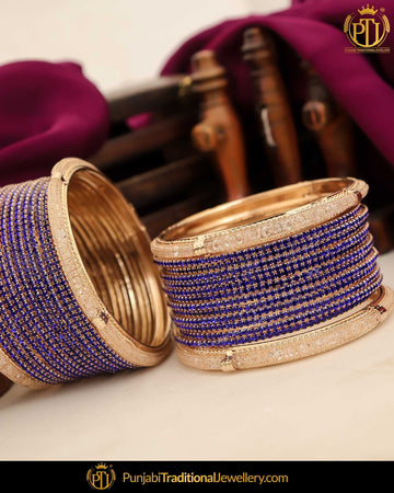 Antique Gold Finished Blue AD Stone Bangle Set (Both Hand Pair) | Punjabi Traditional Jewellery Exclusive